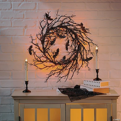 Light-Up Black Bat Wreath Halloween Decoration