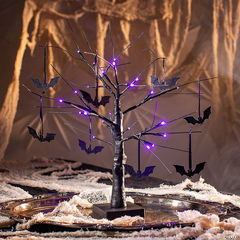 Light-Up Black Tree Halloween Tabletop Decoration with Bats