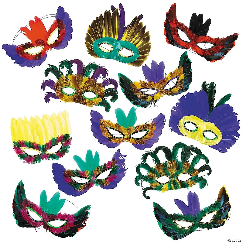Mardi Gras Feather Mask Assortment- 12 Pc.