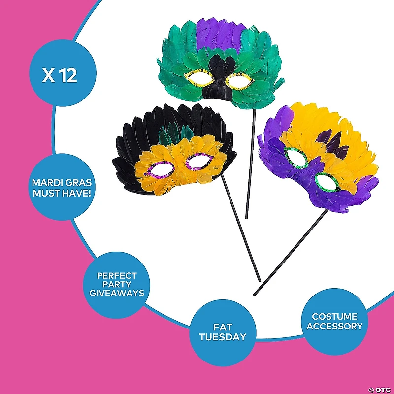 Mardi Gras Feather Mask with Stick- 12 Pc.