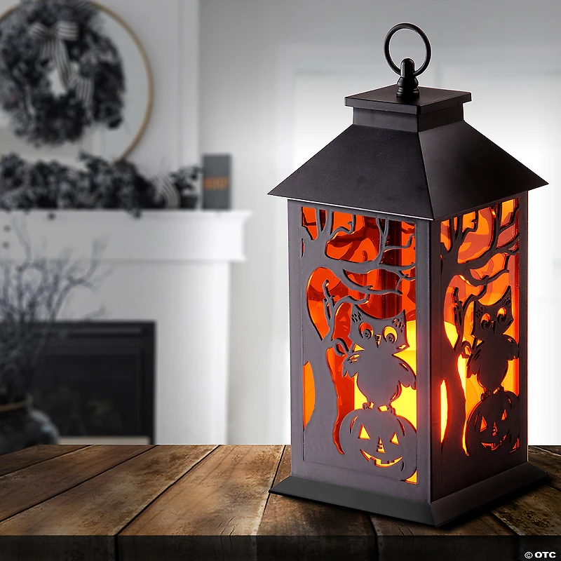 National Tree Company 12" Halloween Lantern with LED Lights, Carved Images of Owls, Pumpkins, Leafless Trees