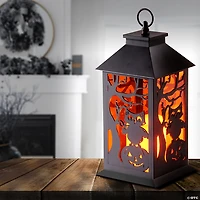 National Tree Company 12" Halloween Lantern with LED Lights, Carved Images of Owls, Pumpkins, Leafless Trees