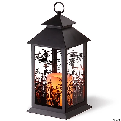 National Tree Company 12" Halloween Lantern with LED Lights, Carved Images of Witches, Haunted House