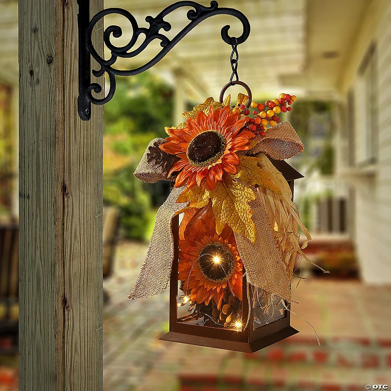 National Tree Company 12" Harvest Lantern with LED Lights, Filled with Sunflower Blooms, Leaves, Pinecones, Berry Clusters