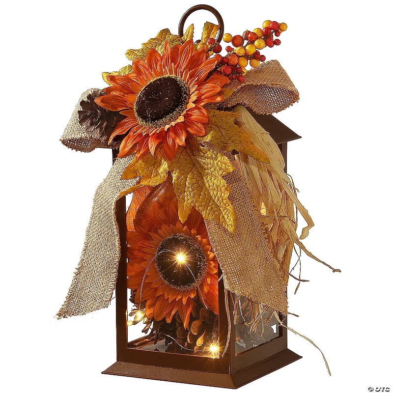 National Tree Company 12" Harvest Lantern with LED Lights, Filled with Sunflower Blooms, Leaves, Pinecones, Berry Clusters