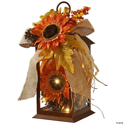 National Tree Company 12" Harvest Lantern with LED Lights, Filled with Sunflower Blooms, Leaves, Pinecones, Berry Clusters