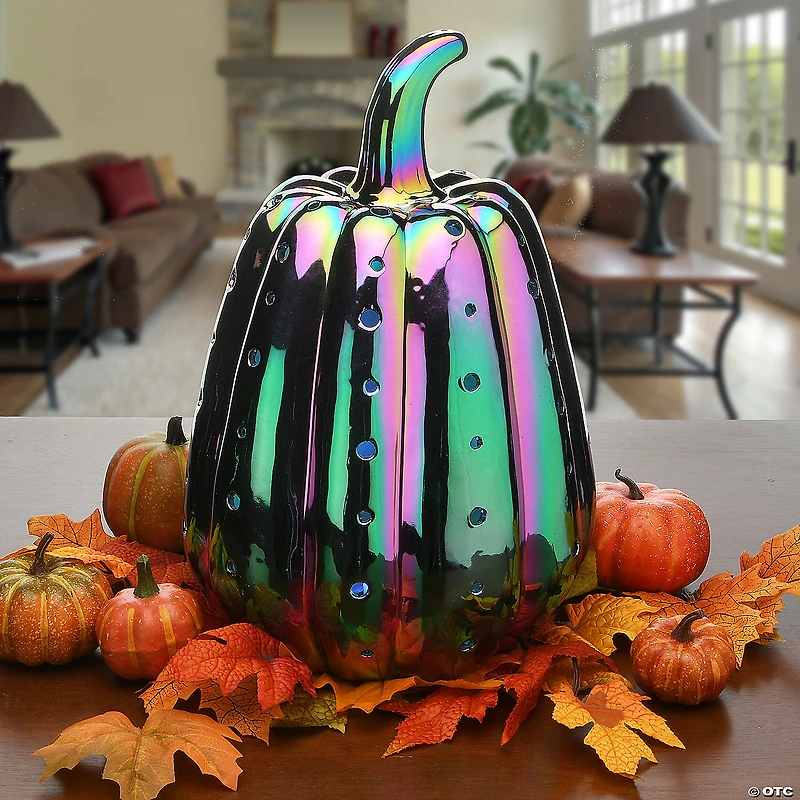 National Tree Company 14" Pre-Lit Iridescent Pumpkin Decoration with LED Lights
