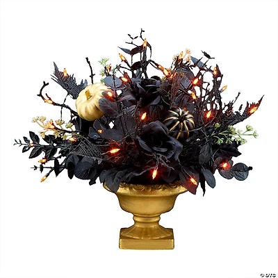 National Tree Company 16" Artificial Chic Eek Black and Gold Halloween Centerpiece, 35 Orange LED Lights, Battery Operated