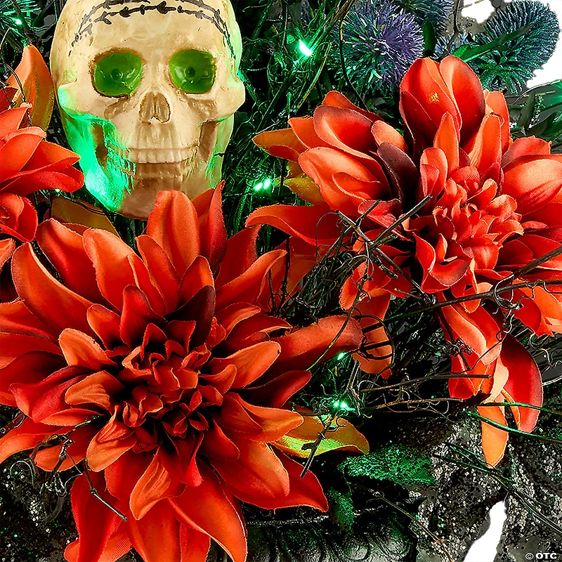 National Tree Company 20" Artificial Boo-tiful Halloween Urn with Orange Florals and White Skull, 30 Green LED Lights, Battery Operated