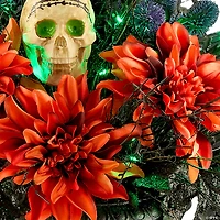 National Tree Company 20" Artificial Boo-tiful Halloween Urn with Orange Florals and White Skull, 30 Green LED Lights, Battery Operated