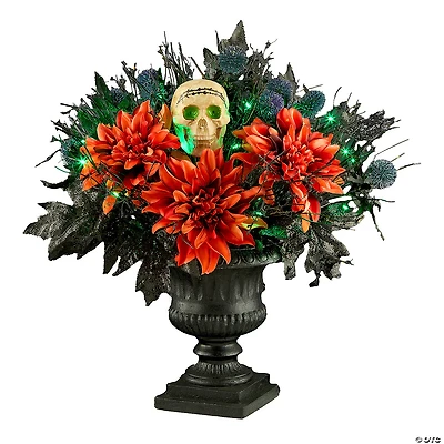 National Tree Company 20" Artificial Boo-tiful Halloween Urn with Orange Florals and White Skull, 30 Green LED Lights, Battery Operated