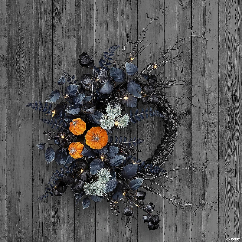 National Tree Company 20" Artificial Halloween Half Wreath with Pumpkins, 30 Warm White LED Lights, Battery Operated
