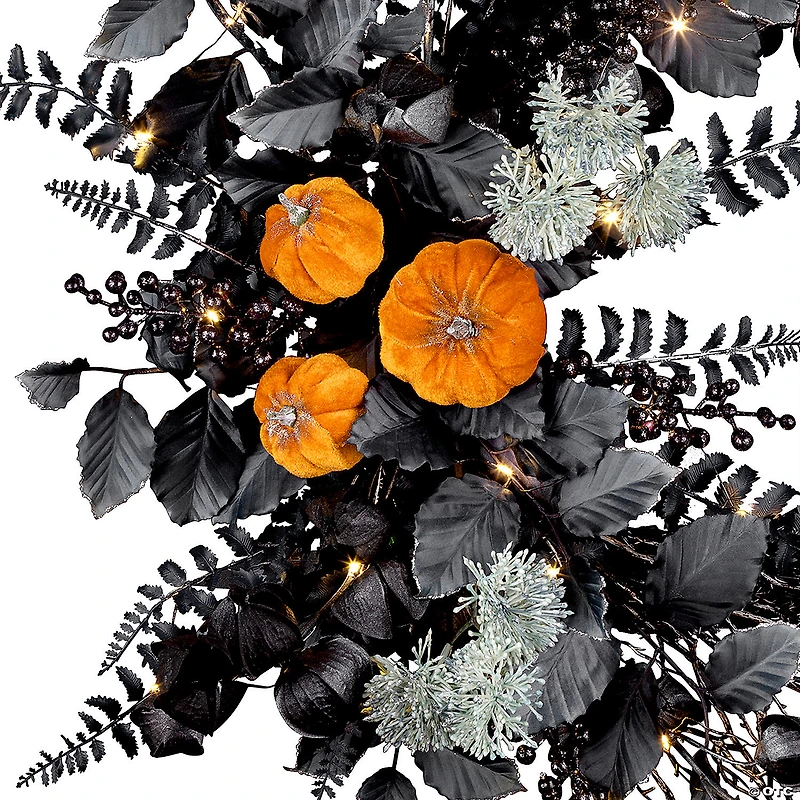 National Tree Company 20" Artificial Halloween Half Wreath with Pumpkins, 30 Warm White LED Lights, Battery Operated