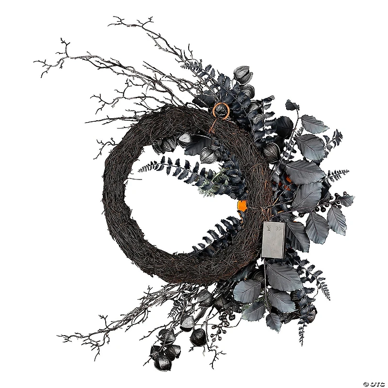 National Tree Company 20" Artificial Halloween Half Wreath with Pumpkins, 30 Warm White LED Lights, Battery Operated