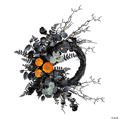 National Tree Company 20" Artificial Halloween Half Wreath with Pumpkins, 30 Warm White LED Lights, Battery Operated