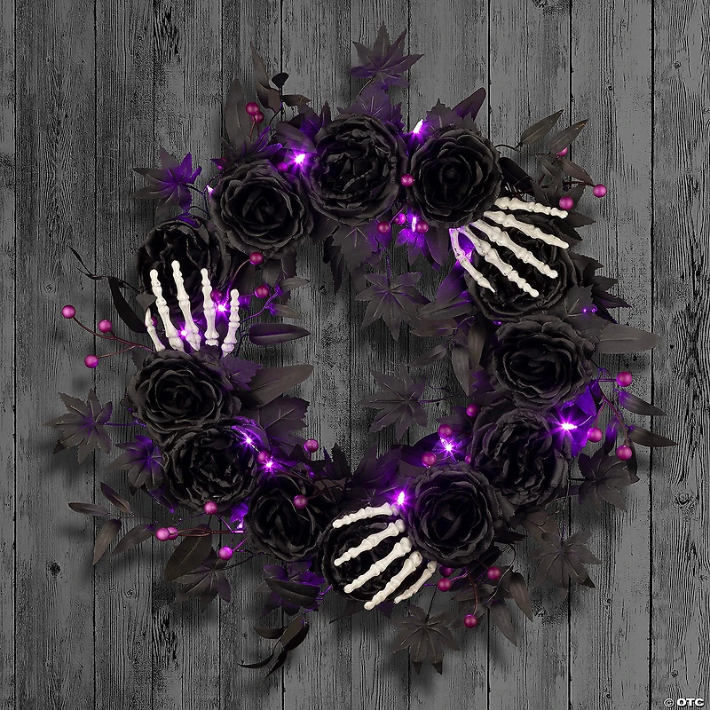 National Tree Company 24" Artificial Bad to the Bone Halloween Wreath, 30 Purple LED Lights, Battery Operated