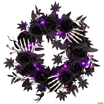 National Tree Company 24" Artificial Bad to the Bone Halloween Wreath, 30 Purple LED Lights, Battery Operated