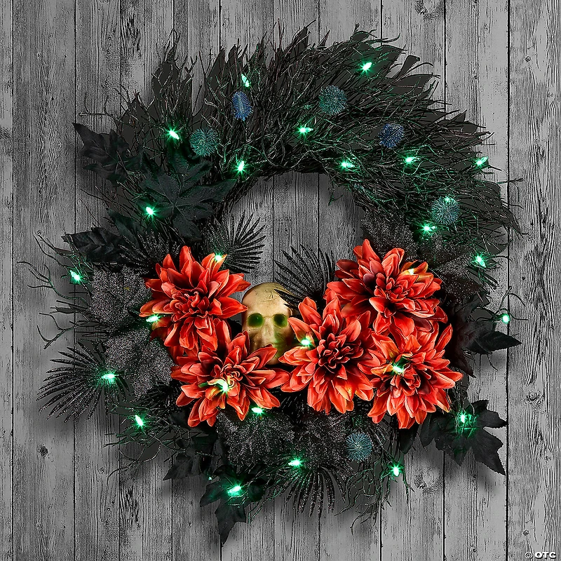 National Tree Company 24" Artificial Boo-tiful Halloween Wreath with Orange Florals and White Skull, 30 Green LED Lights, Battery Operated