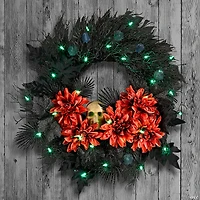 National Tree Company 24" Artificial Boo-tiful Halloween Wreath with Orange Florals and White Skull, 30 Green LED Lights, Battery Operated