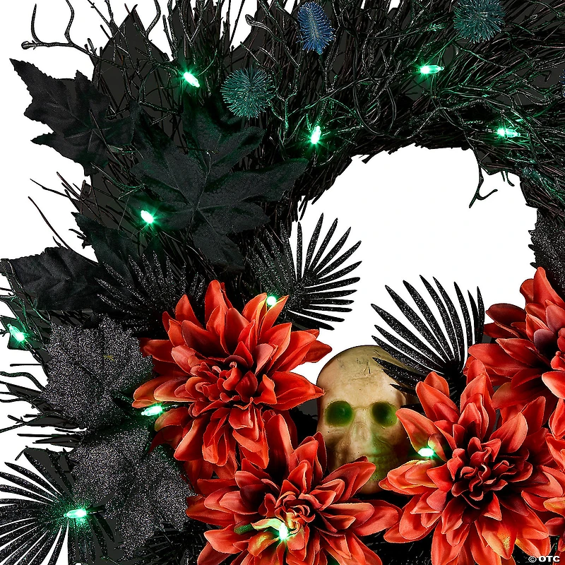 National Tree Company 24" Artificial Boo-tiful Halloween Wreath with Orange Florals and White Skull, 30 Green LED Lights, Battery Operated