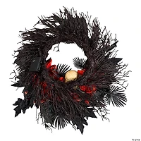 National Tree Company 24" Artificial Boo-tiful Halloween Wreath with Orange Florals and White Skull, 30 Green LED Lights, Battery Operated