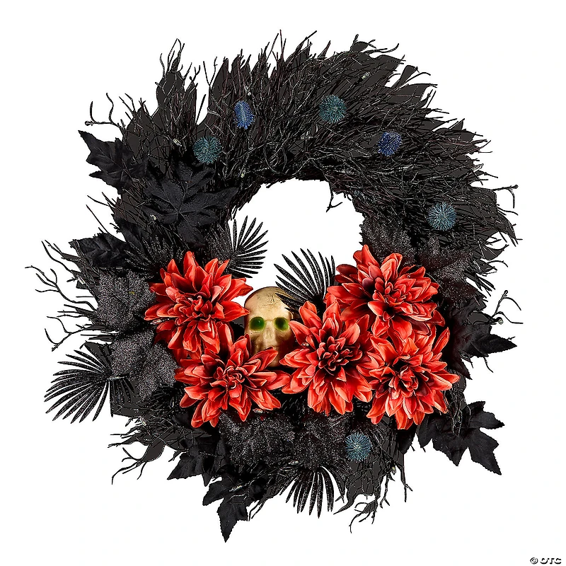 National Tree Company 24" Artificial Boo-tiful Halloween Wreath with Orange Florals and White Skull, 30 Green LED Lights, Battery Operated