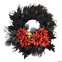 National Tree Company 24" Artificial Boo-tiful Halloween Wreath with Orange Florals and White Skull, 30 Green LED Lights, Battery Operated