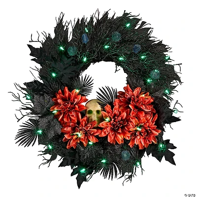 National Tree Company 24" Artificial Boo-tiful Halloween Wreath with Orange Florals and White Skull, 30 Green LED Lights, Battery Operated
