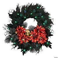 National Tree Company 24" Artificial Boo-tiful Halloween Wreath with Orange Florals and White Skull, 30 Green LED Lights, Battery Operated
