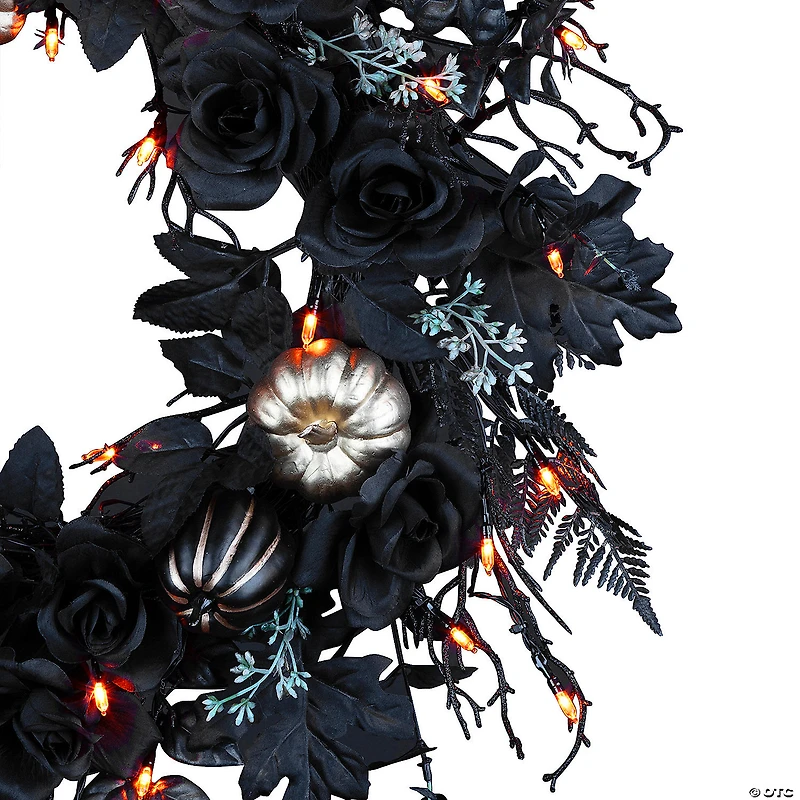 National Tree Company 24" Artificial Chic Eek Black and Gold Halloween Wreath, 40 Orange LED Lights, Battery Operated