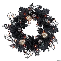 National Tree Company 24" Artificial Chic Eek Black and Gold Halloween Wreath, 40 Orange LED Lights, Battery Operated