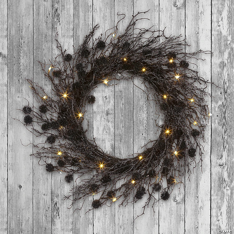 National Tree Company 24" Artificial Deadwood Twig Wreath, 30 Orange LED Lights, Battery Operated
