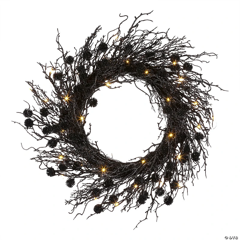 National Tree Company 24" Artificial Deadwood Twig Wreath, 30 Orange LED Lights, Battery Operated