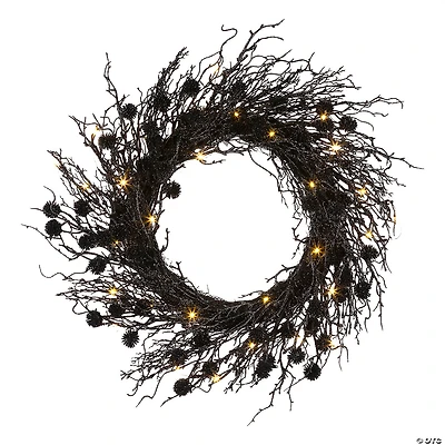 National Tree Company 24" Artificial Deadwood Twig Wreath, 30 Orange LED Lights, Battery Operated
