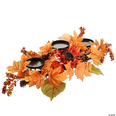 National Tree Company 24" Artificial Fall Centerpiece, Three Candle Holders, Decorated with Sunflower Blooms, Pinecones, Berry Clusters, Maple Leaves