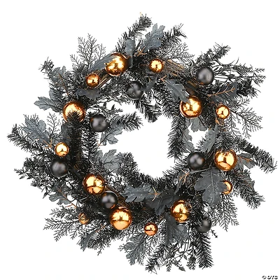 National Tree Company 24" Artificial Wreath, Black, Decorated with Black and Orange Ball Ornaments, Leaves
