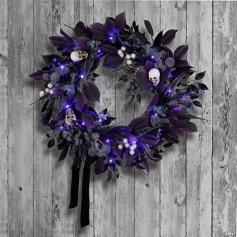 National Tree Company 26" Artificial Floral Mini Skull Wreath, 30 Purple LED Lights, Battery Operated