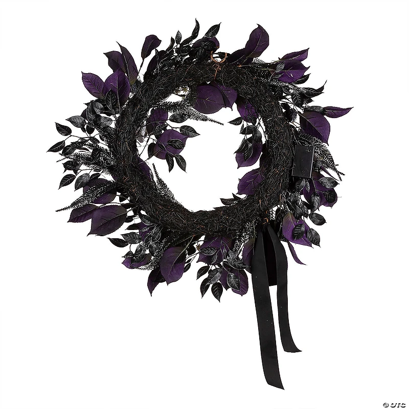 National Tree Company 26" Artificial Floral Mini Skull Wreath, 30 Purple LED Lights, Battery Operated