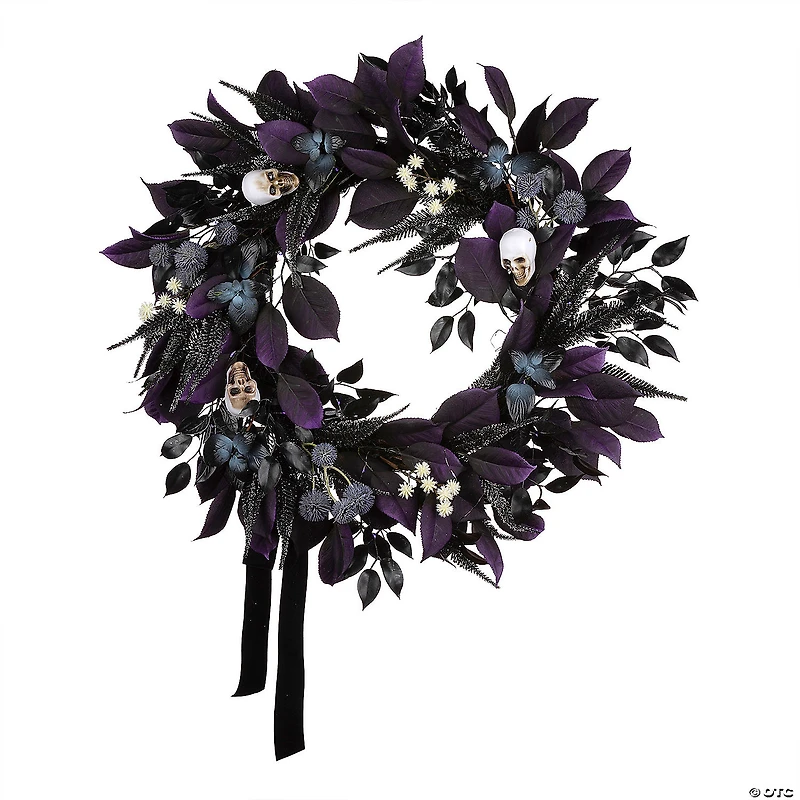 National Tree Company 26" Artificial Floral Mini Skull Wreath, 30 Purple LED Lights, Battery Operated