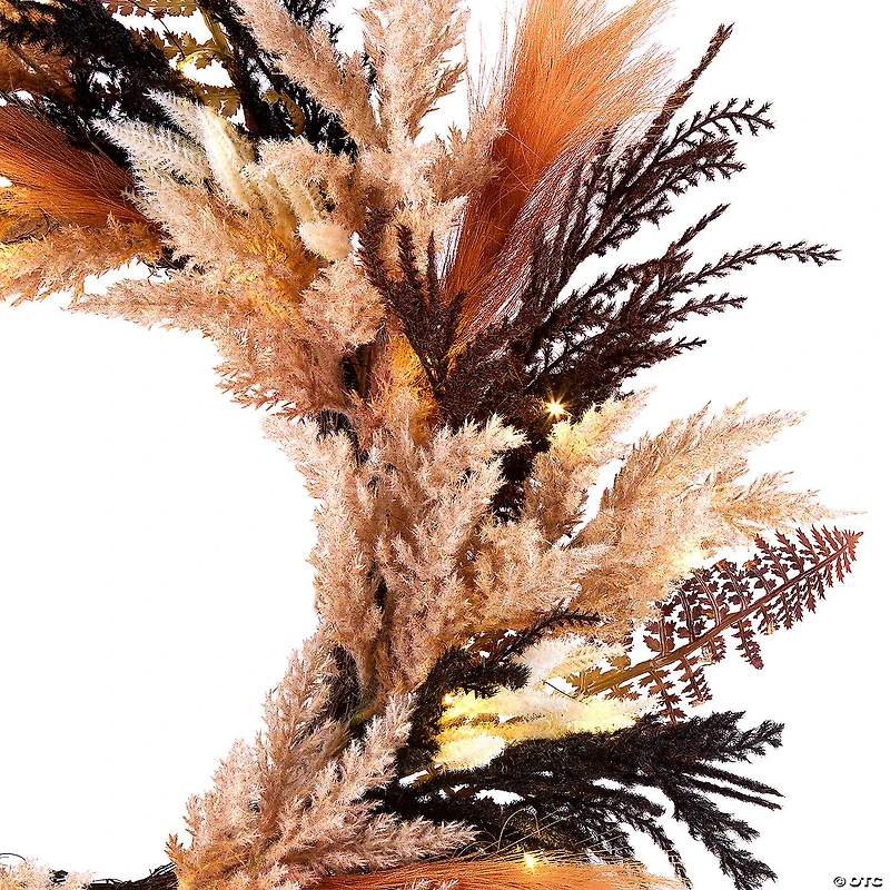 National Tree Company 26" Artificial Orange and Black Pampas Wreath, 30 Warm White LED Lights, Battery Operated