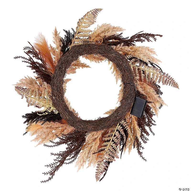 National Tree Company 26" Artificial Orange and Black Pampas Wreath, 30 Warm White LED Lights, Battery Operated