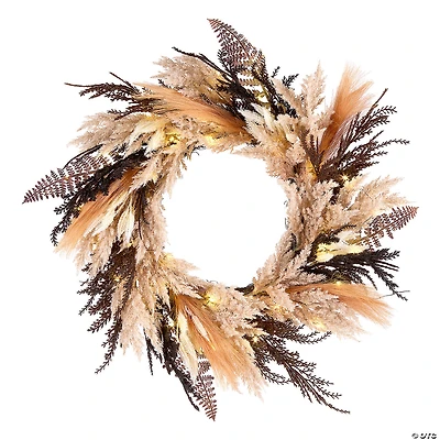 National Tree Company 26" Artificial Orange and Black Pampas Wreath, 30 Warm White LED Lights, Battery Operated