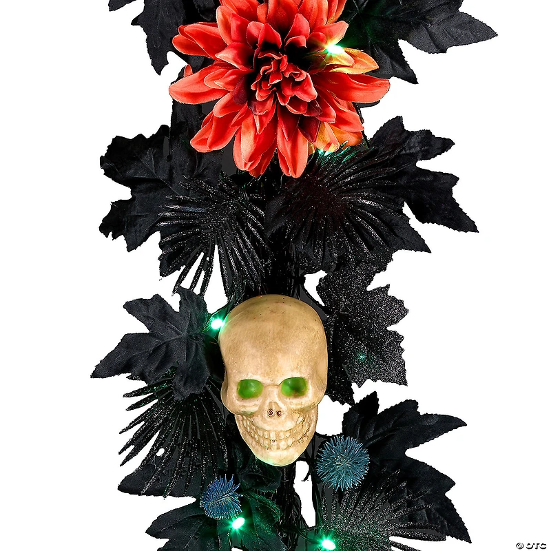 National Tree Company 6 ft. Artificial Boo-tiful Halloween Garland with Orange Florals and White Skull, 30 Green LED Lights, Battery Operated