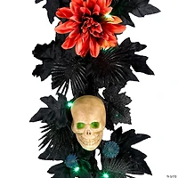 National Tree Company 6 ft. Artificial Boo-tiful Halloween Garland with Orange Florals and White Skull, 30 Green LED Lights, Battery Operated