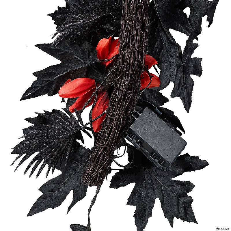 National Tree Company 6 ft. Artificial Boo-tiful Halloween Garland with Orange Florals and White Skull, 30 Green LED Lights, Battery Operated