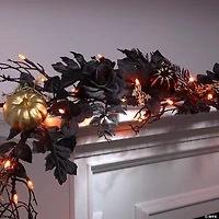 National Tree Company 6 ft. Artificial Chic Eek Black and Gold Halloween Garland, 50 Orange LED Lights, Battery Operated