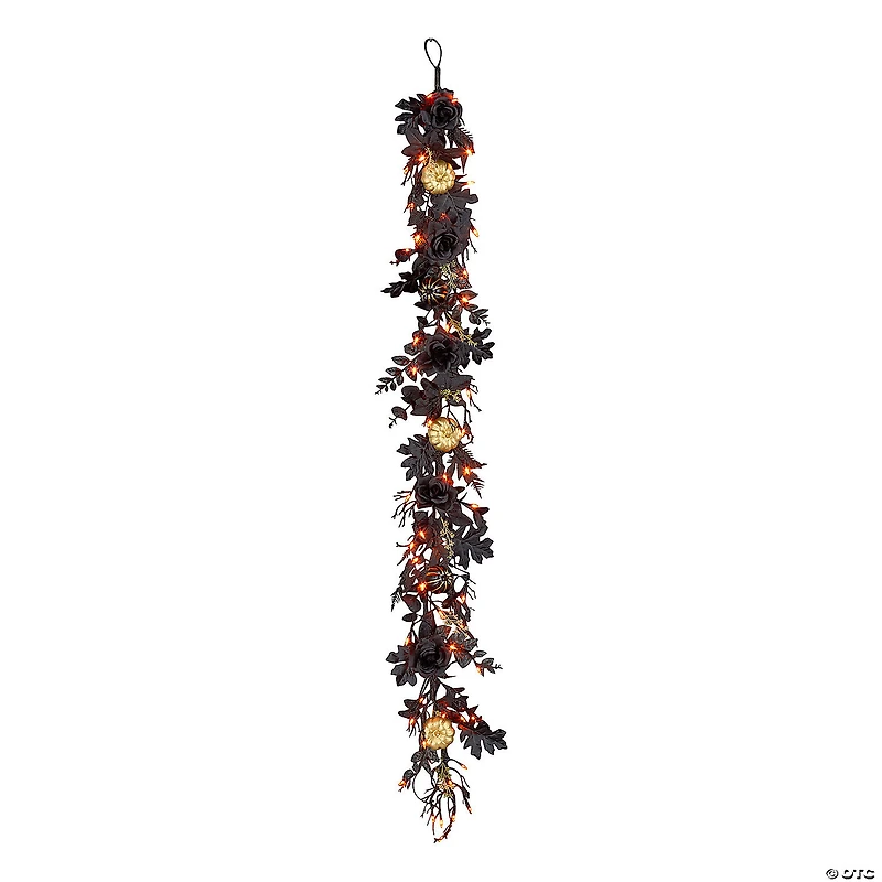National Tree Company 6 ft. Artificial Chic Eek Black and Gold Halloween Garland, 50 Orange LED Lights, Battery Operated