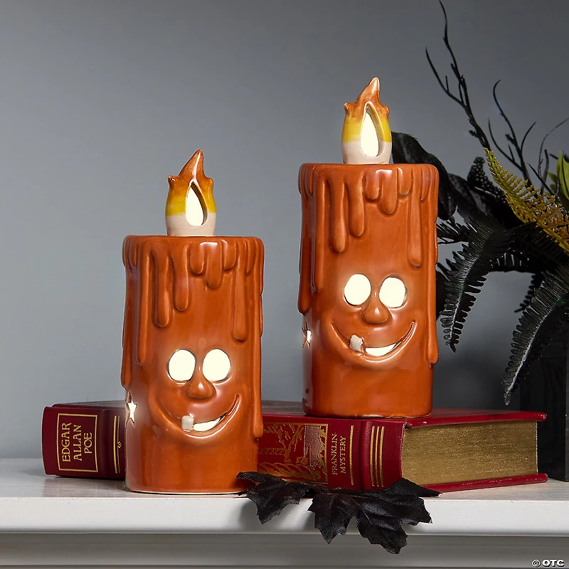 National Tree Company 7" Orange Halloween Porcelain Candle, 2 Warm White LED Light, Set of 2