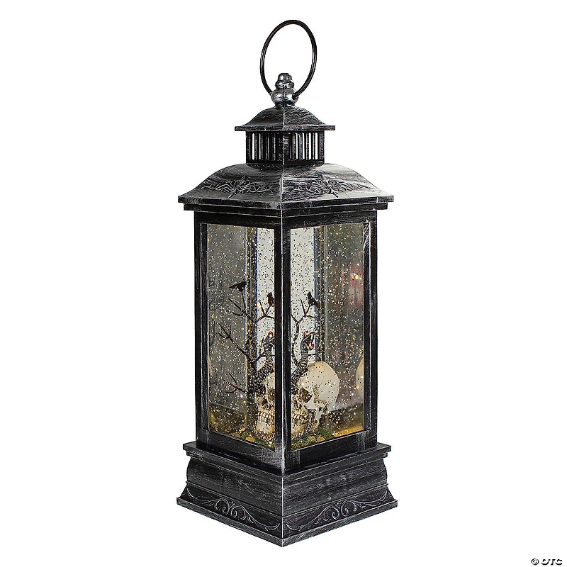 Northlight 11" Black and Brushed Silver LED Skull Head Halloween Snow Globe Lantern