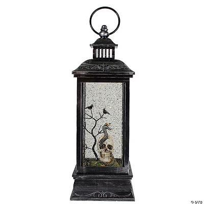 Northlight 11" Black and Brushed Silver LED Skull Head Halloween Snow Globe Lantern